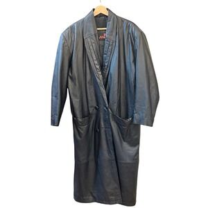 Vintage 80s 90s Black Leather Trench Coat Oversized Longline Minimalist MPW